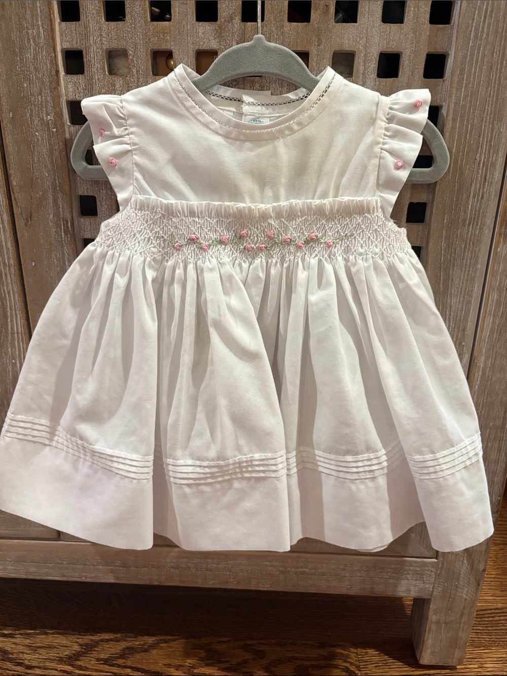 Classic White Smocked Girls' Dress with Pink Embroidery